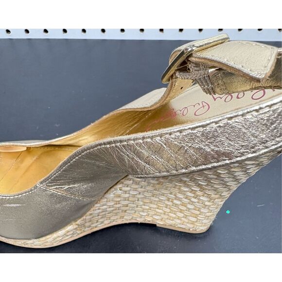 Lilly Pulitzer Kristen Metallic Gold Peep Toe Sling Back Wedge Heels Size 8 - Picture 5 of 13